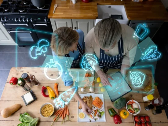 Two chefs use augmented reality food technology interface during meal preparation in a commercial kitchen with fresh ingredients and plated dishes.