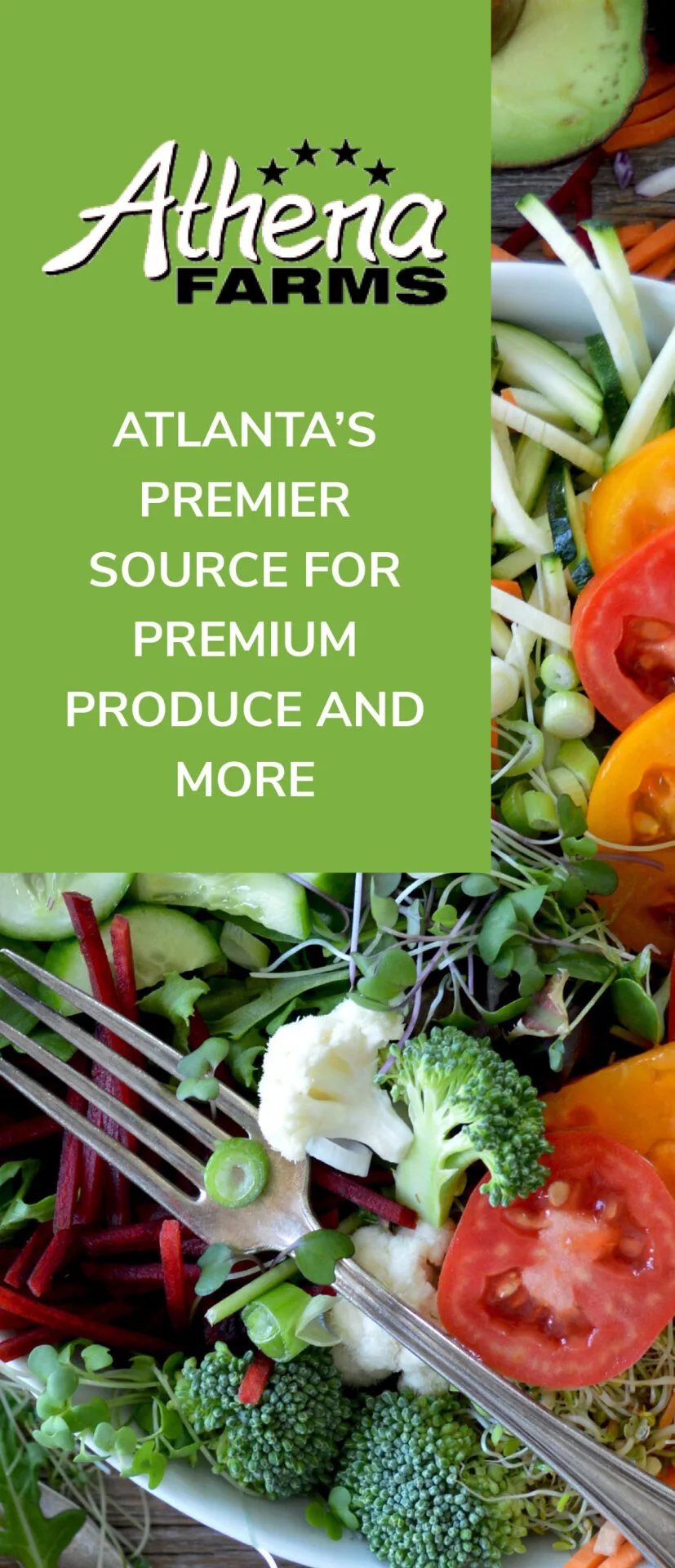 Athena Farms wholesale produce supplier showcasing fresh vegetables including broccoli, bell peppers, tomatoes, and cucumbers for foodservice distribution.
