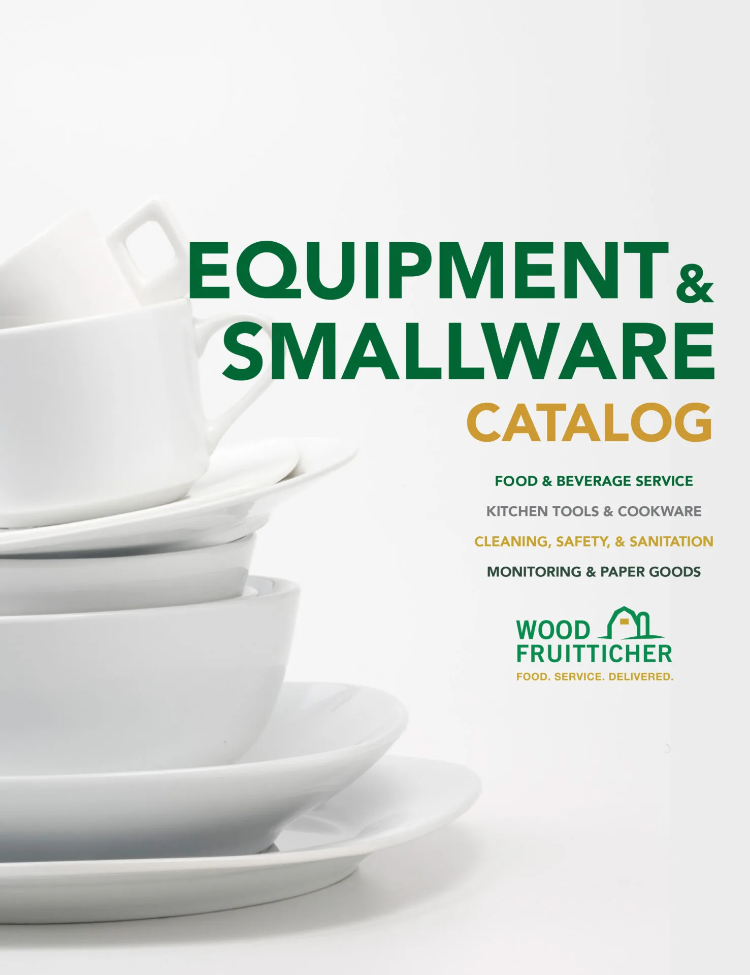 Equipment & Smallware Catalog cover showcasing white dishes and tableware for food service, kitchen tools, and cleaning supplies.