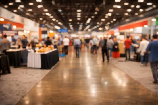 Bustling trade show with diverse attendees exploring vibrant vendor displays and engaging interactions.