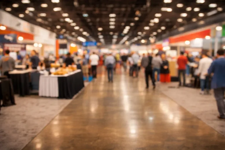Bustling trade show with diverse attendees exploring vibrant vendor displays and engaging interactions.