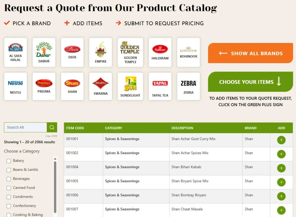 Wholesale food supplier catalog interface showing spice brands and items for B2B quote requests from distributors.