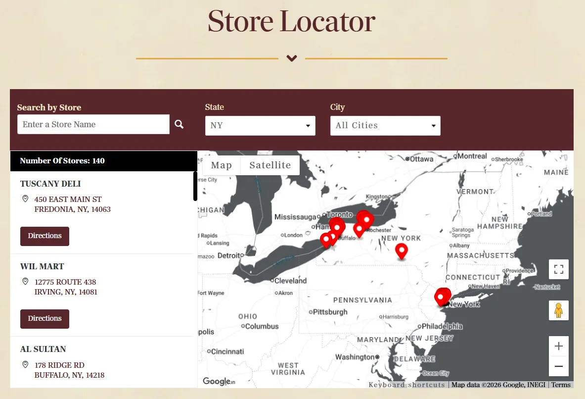 Interactive store locator map showing 140 food distribution locations across northeastern United States with search filters by state and city.