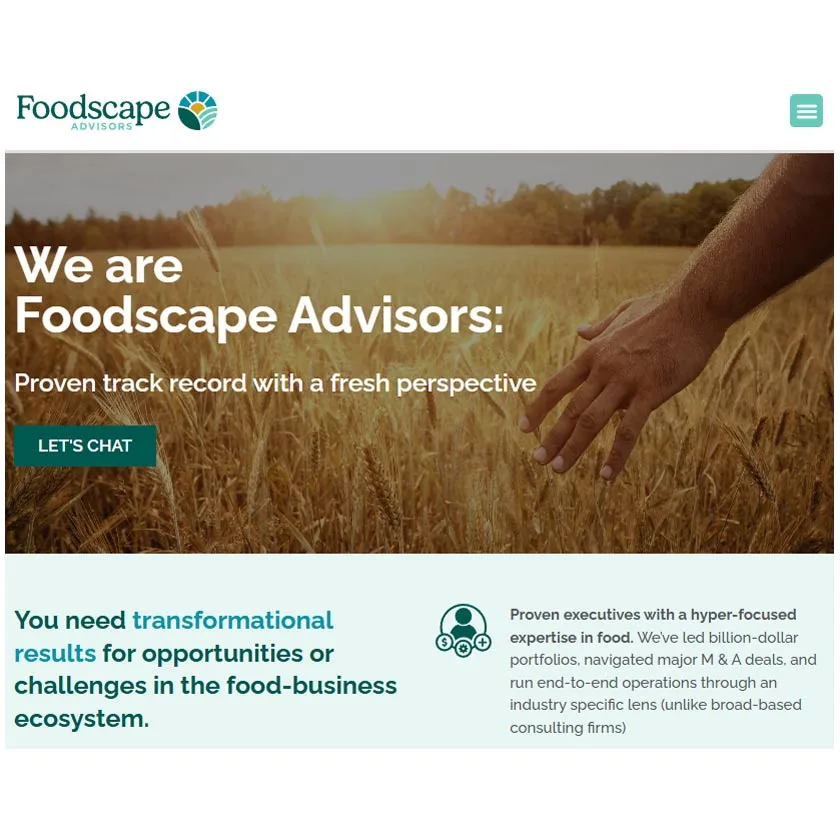 Foodscape Advisors branding showcasing proven executives delivering transformational results for food business opportunities and challenges in the food supply ecosystem.