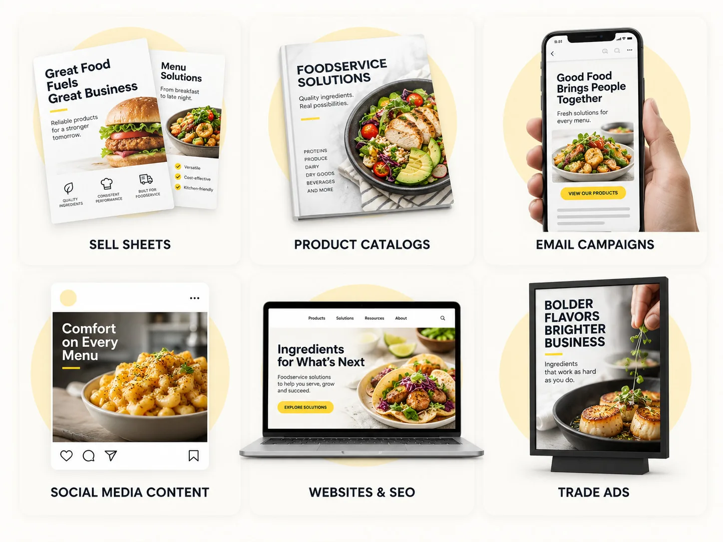 Foodservice marketing examples including sell sheets, catalogs, email campaigns, social media, websites and trade ads