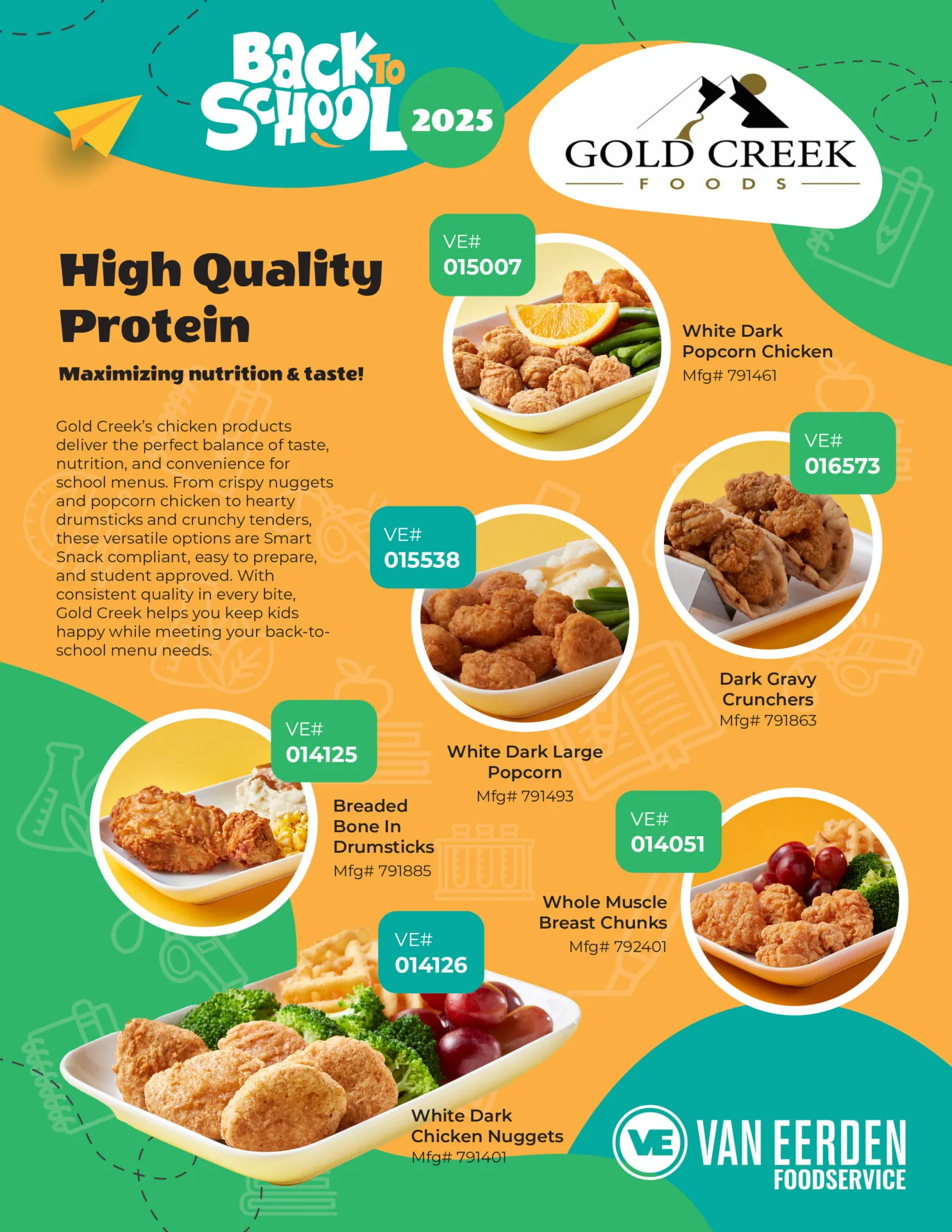 Gold Creek Foods back-to-school chicken product lineup featuring popcorn chicken, drumsticks, nuggets, and breast chunks with VE numbers for wholesale foodservice distribution.