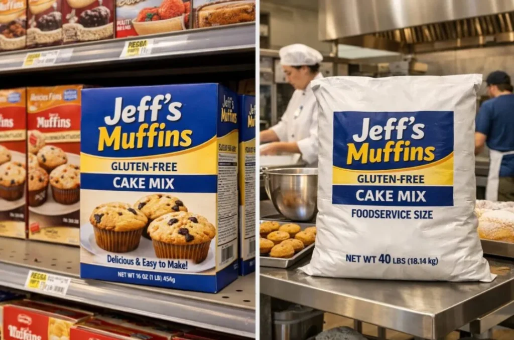 Jeff's Muffins gluten-free cake mix available in retail and 40-pound foodservice bulk sizes for commercial food suppliers and bakery operations.