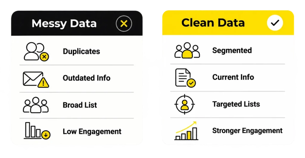Infographic comparing messy data issues like duplicates and outdated info versus clean data benefits for food industry databases and supplier lists.
