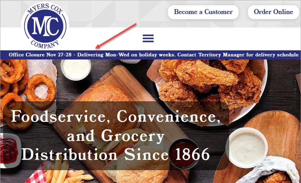 Myers Cox Company homepage featuring foodservice and grocery distribution products and services.
