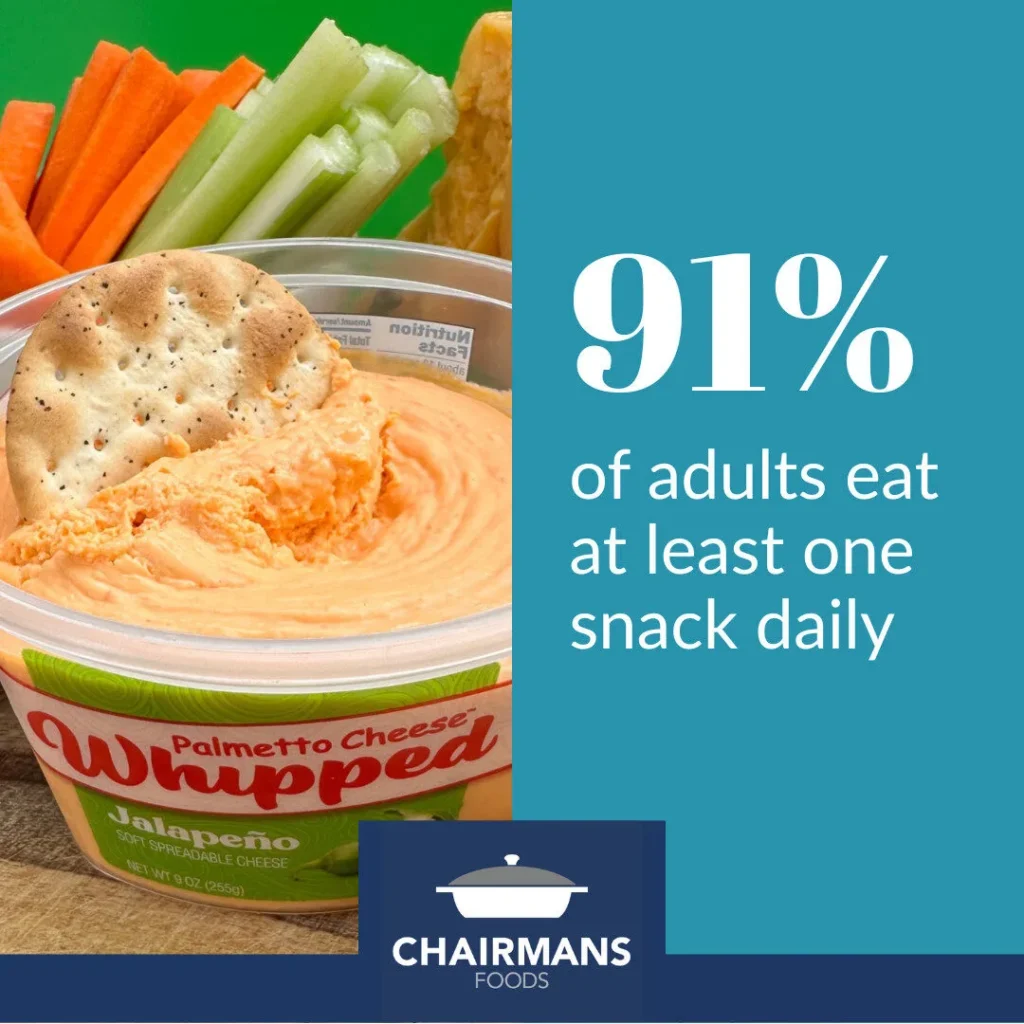 Jalapeño Palmetto Cheese spread with crackers and fresh vegetables for healthy snacking.