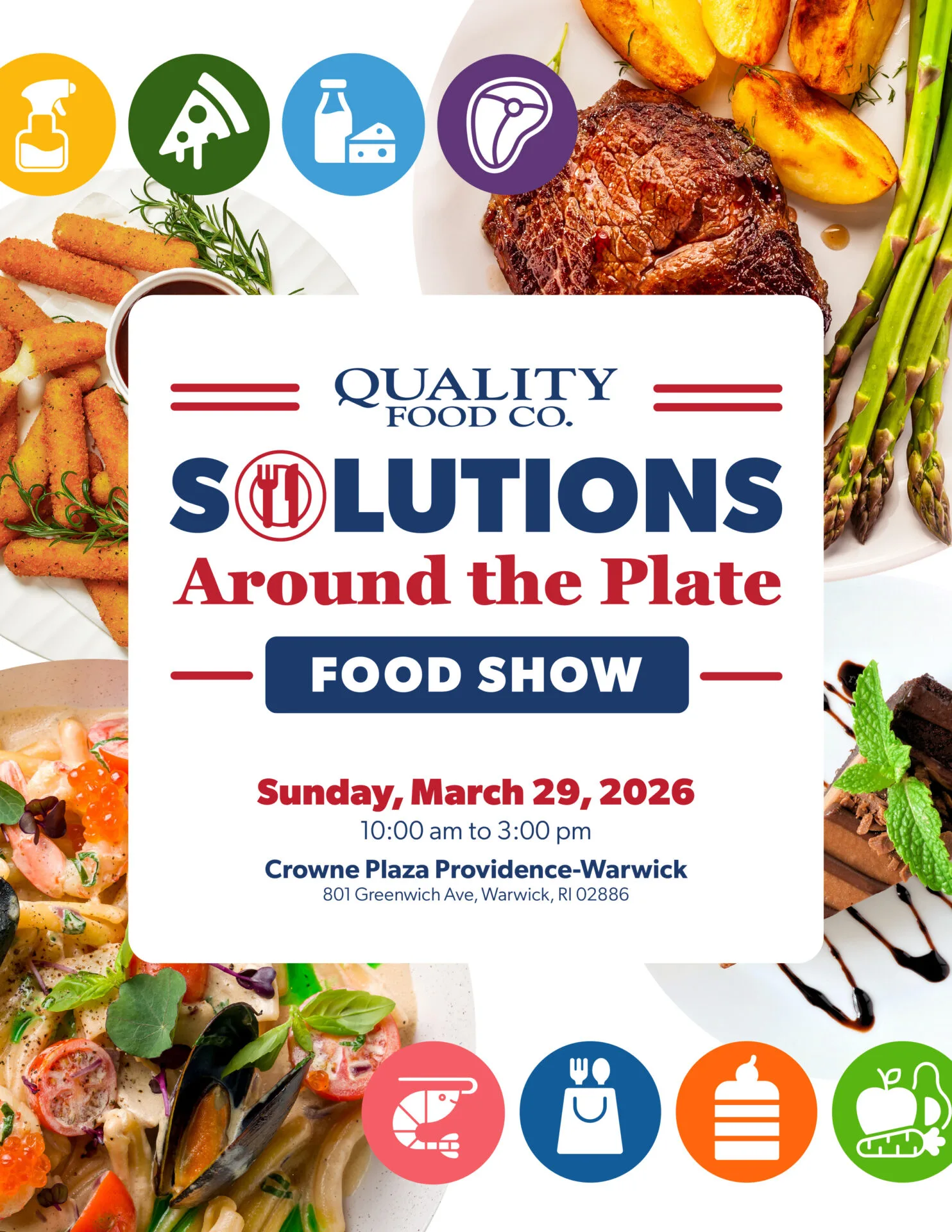 Food show promotional flyer featuring gourmet dishes, event details for March 29, 2026 at Crowne Plaza Providence-Warwick, ideal for food suppliers and distributors.