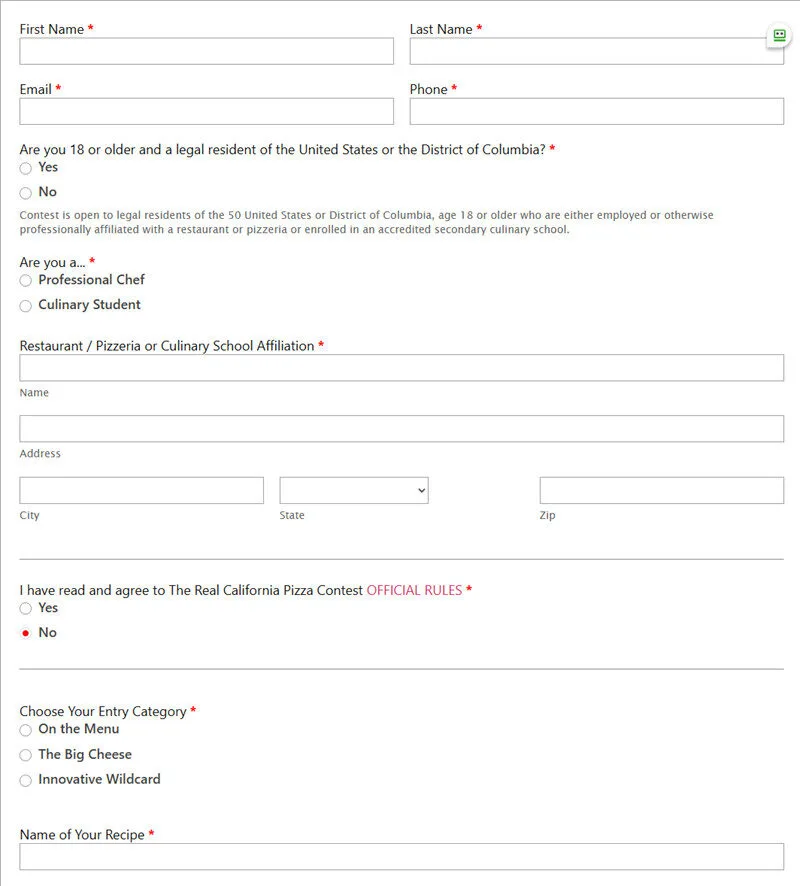 Culinary contest entry form for The Real California Pizza Contest, featuring participant details and categories.