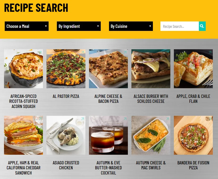 Recipe search interface displaying diverse cuisine and ingredient options for commercial foodservice suppliers and wholesale food distributors.