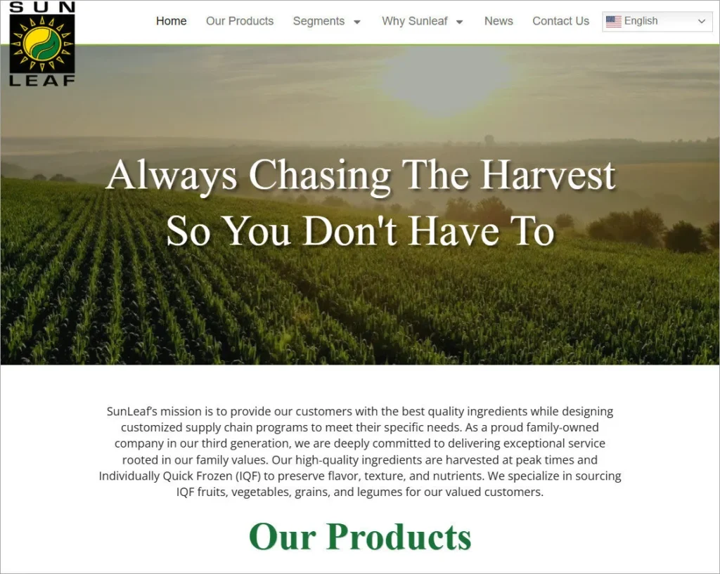 SunLeaf website header showcasing lush fields and quality ingredients in family-owned agriculture.