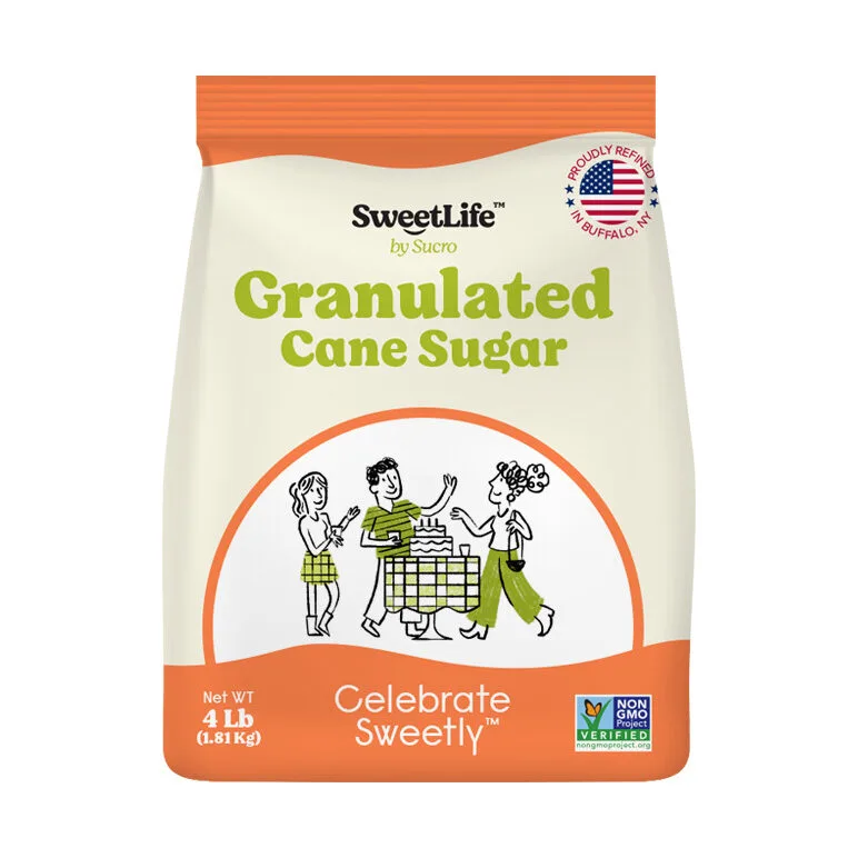 SweetLife granulated cane sugar bag features vibrant design, non-GMO certification, and local refinement.