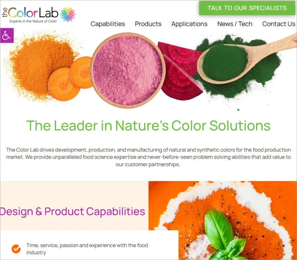 The Color Lab webpage features vibrant food color solutions with natural and synthetic options.