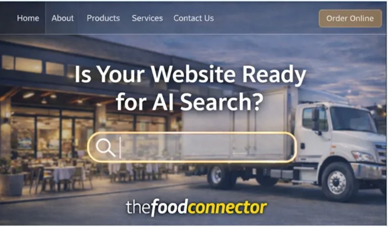 Modern food service website header emphasizing AI search and online ordering features.