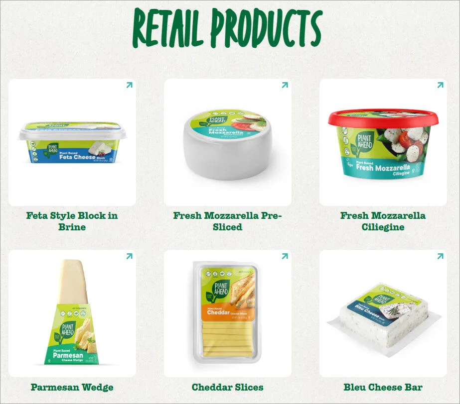 Plant-based vegan cheese products showcase mozzarella, feta, cheddar, and bleu varieties for delicious meals.